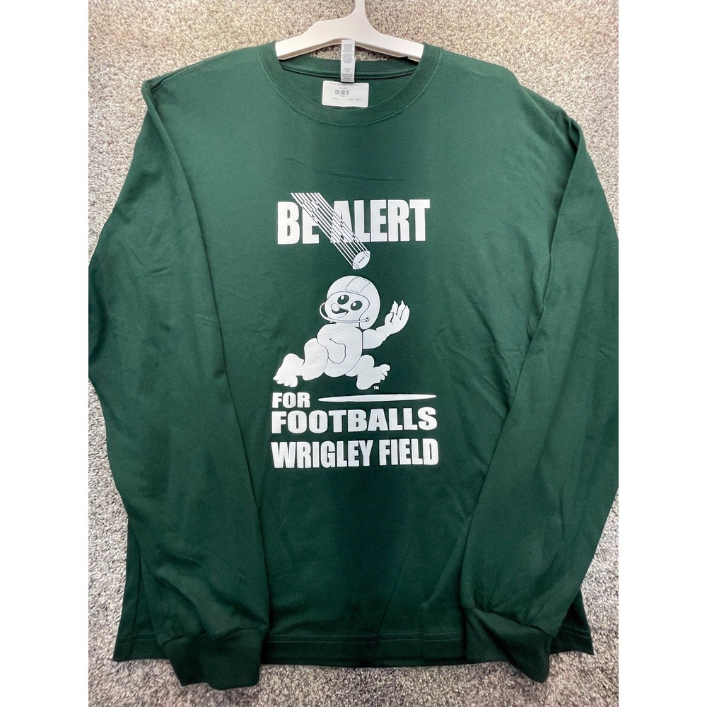 Wrigley Field Be Alert For Footballs Men S Dark Green NEW Long Sleeve Tee